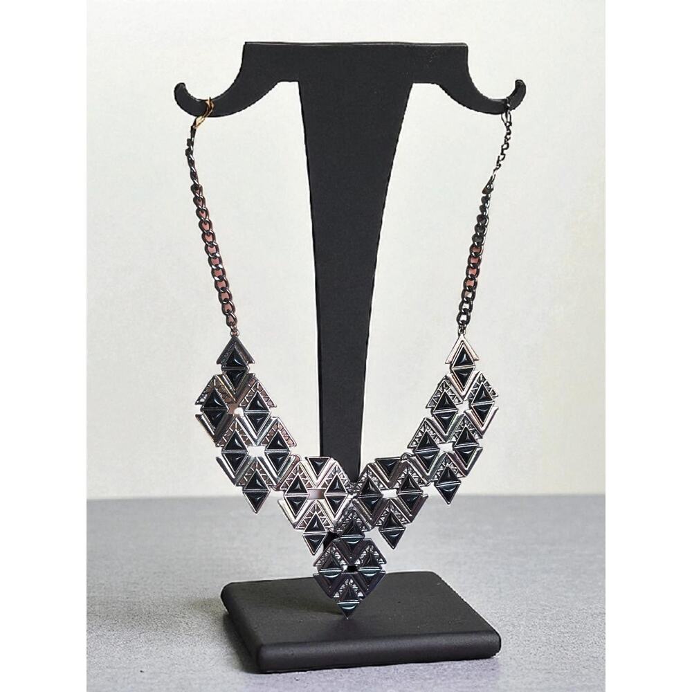 Silver Tone & Black Geometric Statement Necklace